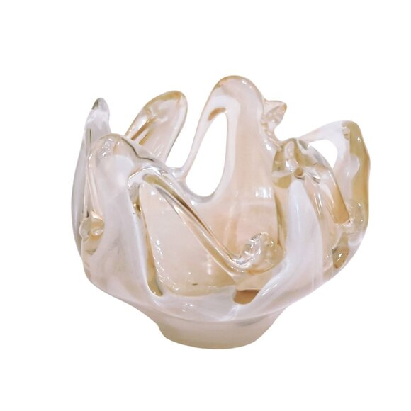 Mid-Century Hand-Blown Art Glass Bowl Wavy Handkerchief Rim Amber Murano-Style - Picture 2 of 5